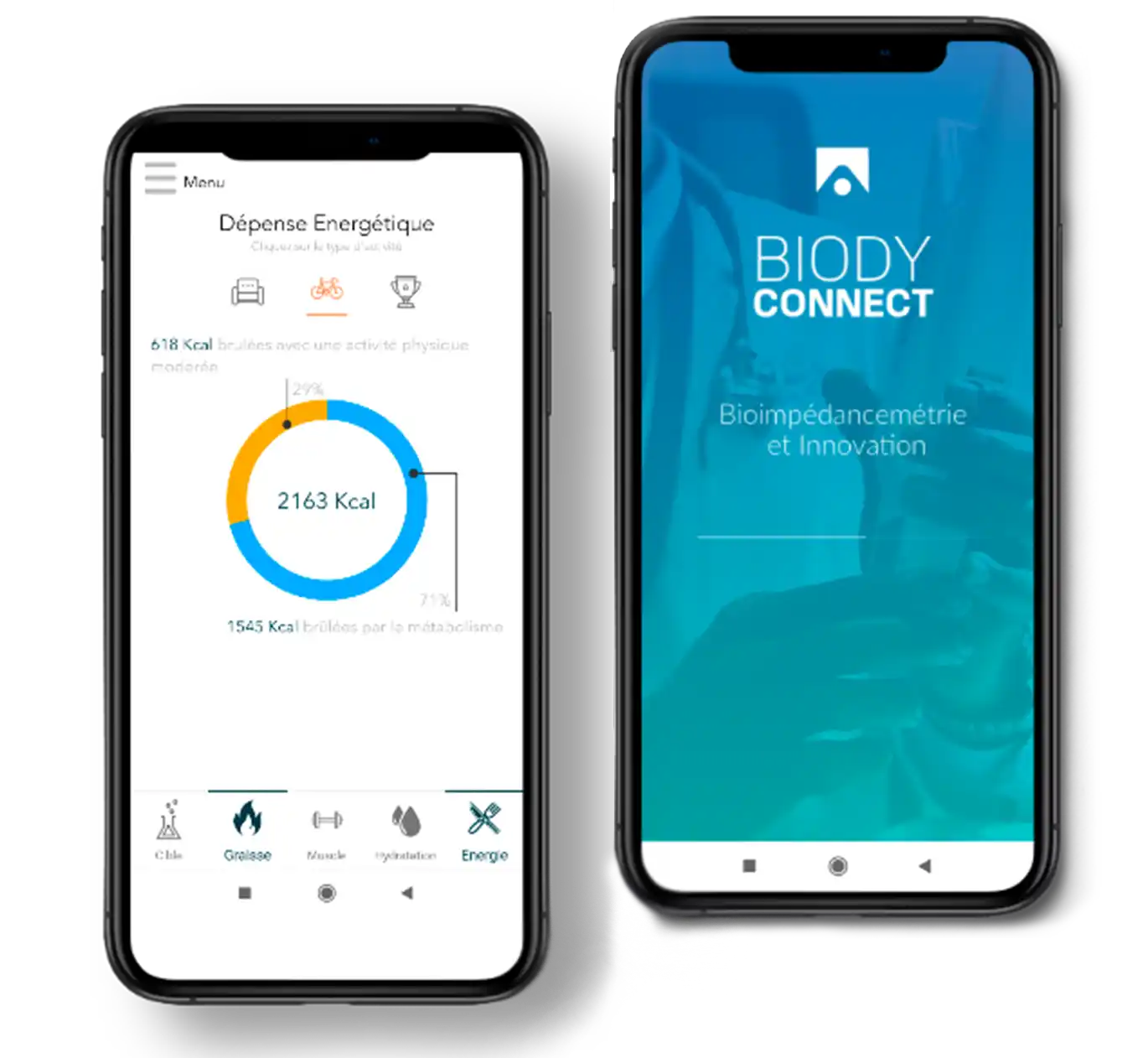 Application mobile Biody Connect pour le suivi de la composition corporelle des patients sur smartphone.
