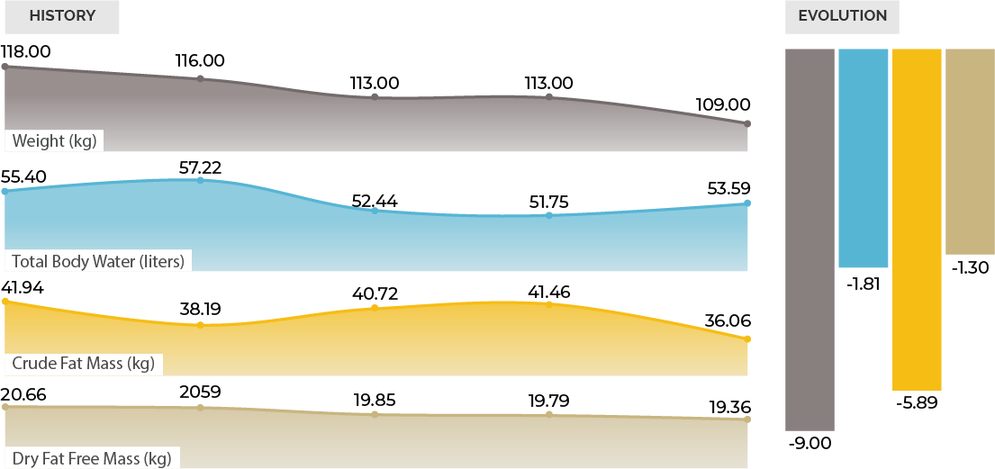 Nutritional monitoring chart showing body composition evolution via bioimpedance.