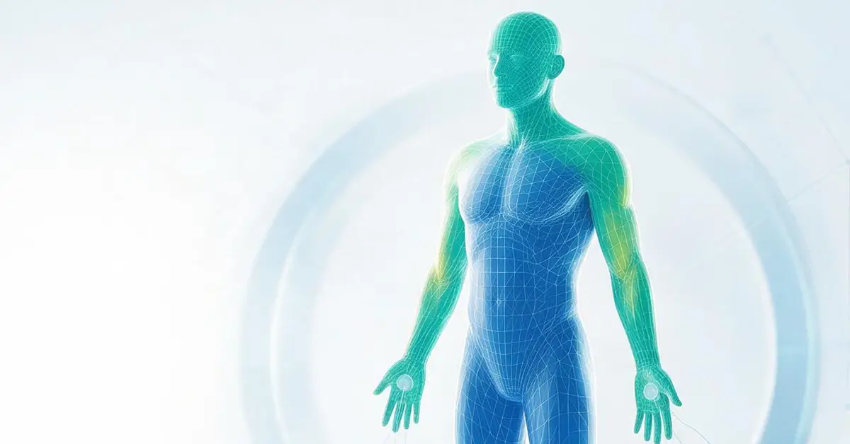 Silhouette humaine en maillage 3D illustrant l’évaluation de la composition corporelle par bio-impédancemétrie (BIA), avec électrodes palmaires.