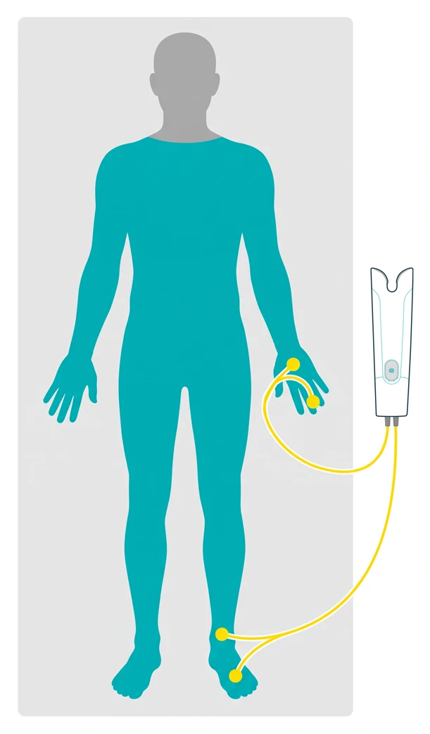 Esquema de una persona tumbada: posición de medición recomendada para la BIA